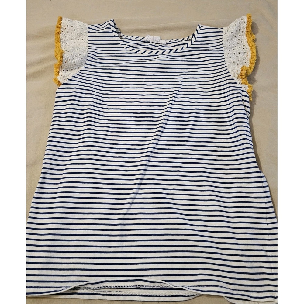 THML Blue White Stripe Eyelet Ruffle Flutter Sleeve Top Women's Small NWOT